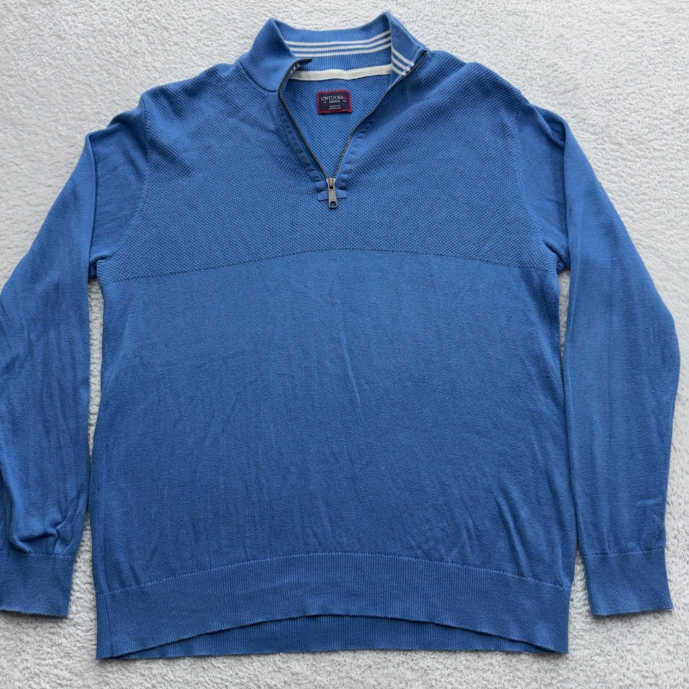 UNTUCKit Mens Blue 100% Cotton Textured Quarter Zip Pullover Sweater Medium